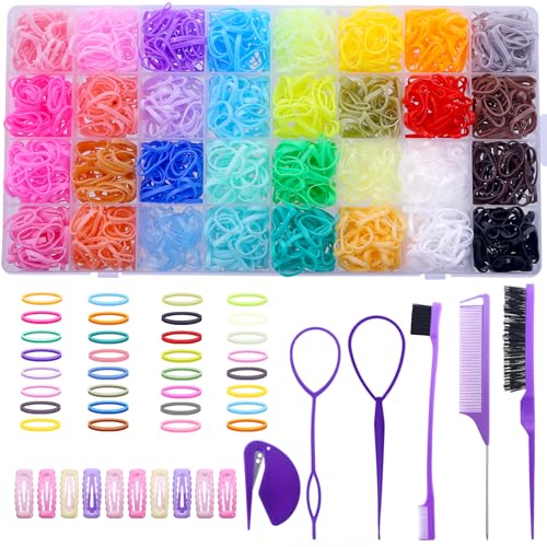 32 Colors Small Hair Rubber Bands with 16 Hair Styling Tools, 2000 Pcs Elastic Girl Baby Hair Ties Mini Hair Bands with Hair Elastic Cutter Hair Accessories Xmas Stuff for Girls Baby Toddlers Kids