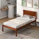 KOMFOTT Twin Size Wood Platform Bed Frame with Headboard, Solid Wood Bed Frame with Slat Support, Under Bed Storage, 16-Inch Mattress Foundation Bedroom Furniture, No Box Spring Needed