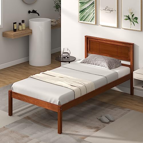 Image of GIANTEX Twin Bed Frames with Headboard, Solid Wood Platform Bed with Wood Slat Support, Single Bed with 16 inch Under Bed Storage, Twin Bed Frames for Kids Adults Guests, Easy Assembly, Walnut