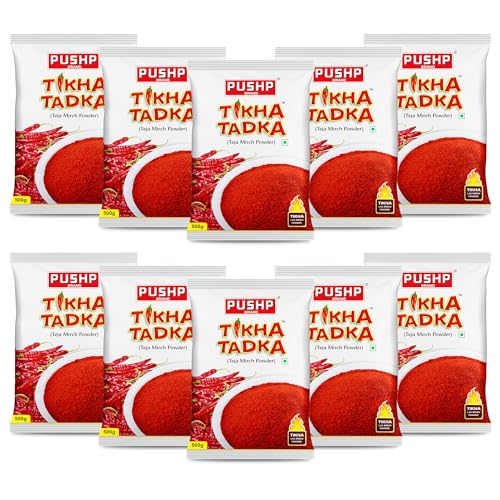 Image of Pushp Brand Tikha Tadka Mirch Powder | Red Chilli Powder 500gm (pack of 10) | Extra Hot Lal Mirchi Powder with Natural Oils, Fine Teja Mirch Powder for Everyday Indian Cooking