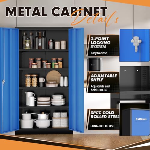 Image of INTERGREAT Metal Storage Cabinet with Doors, 72 inch Locking Steel Storage Cabinet with Shelves, Tall Metal Cabinet Lockable Steel Cabinets for Home Office, Garage,(Black+Blue)