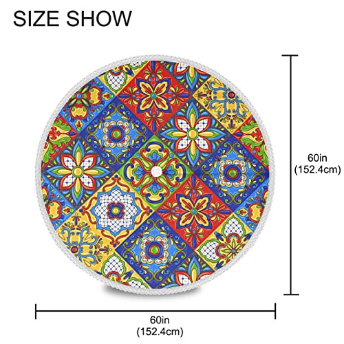 xigua Mexican Talavera Ceramic Tile Style Round Tablecloth 60In,Waterproof Patio Table Cloths with Umbrella Hole and Zipper,Table Covers for Indoor & Outdoor Backyard/BBQ/Picnic - Image 3