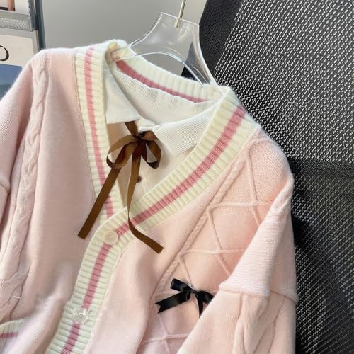 Image of ebossy Womens Kawaii Cute Bowknot Cable Knit Cardigans Sheep V Neck Button Down Slouchy Preppy Wool Blend Sweater Coat