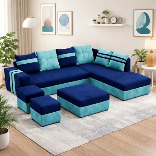 Image of Stova Luxe Velvet-Suede Fabric 8 Seater RHS Sofa Set | with 2 Ottomans& Centre Table| Comfortable & Spacious Seating | Modern Sofa Set for Living Room - Sky Blue & Dark Blue