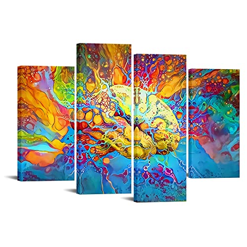 Large 4 Panel Psychedelic Brain Canvas Prints Inspirational Wall Art Left & Right Brain in Vivid Colors Pictures Science Poster Framed Canvas Print Artwork Office48x33inch