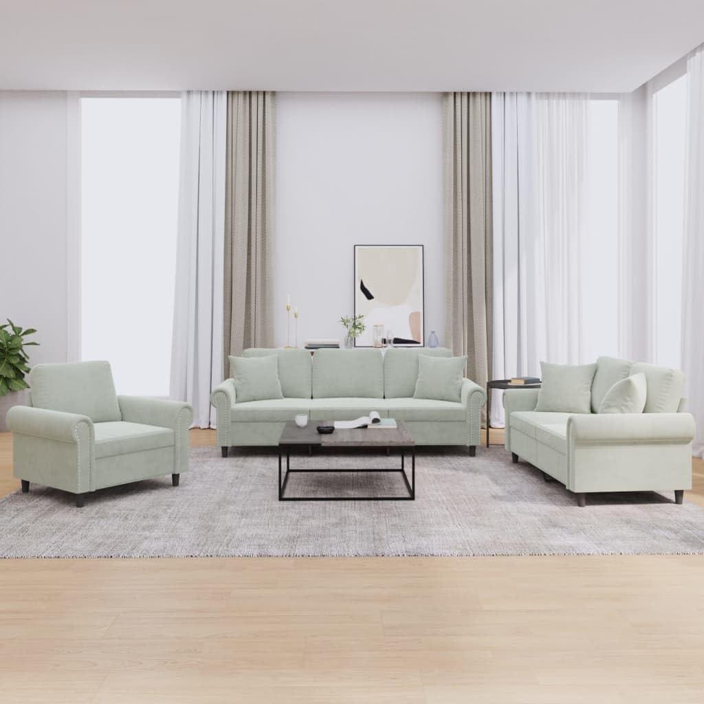 Hothingwell Sofa 3-osobowa jasnoszara aksamitna z poduszkami