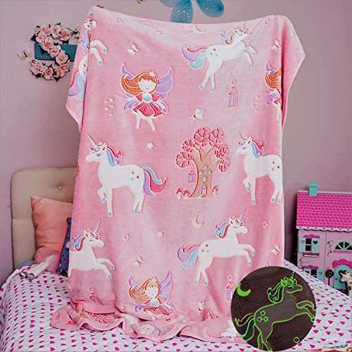 Image of Glow in The Dark Blanket Gifts for Toddler Kids Girls| 200 X 150Cm | Lightweight Throw Blankets|Soft Cozy Fluffy Luminous Throw Blanket - Pink Fairy, Polyester, 300 Tc