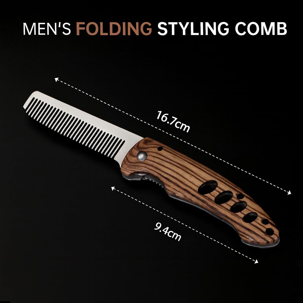 1 Pezzi pettine barba uomo pieghevole in legno e acciaio inox, accessorio da viaggio per barba baffi, modello tascabile per capelli e cura quotidiana maschile, design portatile per uso casa e viaggio