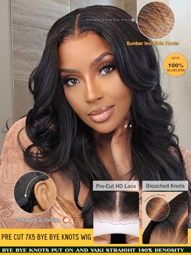 Image of Sunber Yaki Straight Human Hair Wig with Drawstring Bye Bye Knots Pre Cut 7x5 Lace Front Glueless Yaki Wig 180% Density Upgrade 3D Cap Put On Go Pre Plucked with Baby Hair Pre Bleached Knots 16Inch