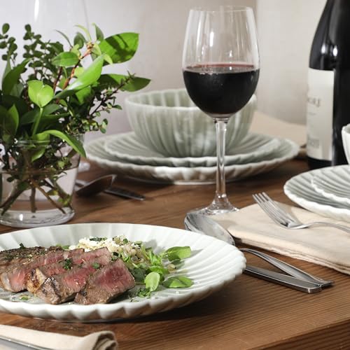 Image of Gibson Elite Peach Orchard 12-Piece New Bone China Dinnerware Set Service for 4, Embossed Fluted Plates and Bowls, Dishwasher and Microwave Safe, Sage Green