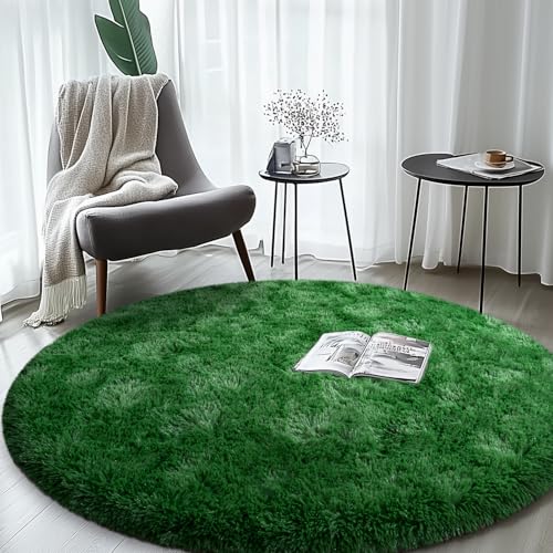 Image of Round Shaggy Plush Rug for Living Room, Furry Carpet for Teen's Room, 4'X4'Non-Slip Carpet Home Decor, Deep Green Round Area Rugs
