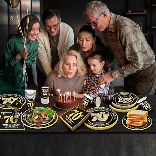 Image of 70th Birthday Decorations Plates and Napkins Black and Gold, Service for 30, Vintage 1956 Birthday Party Bundle Includes Black Gold Plates, Napkins, Cups 70th Birthday Supplies for Men Women
