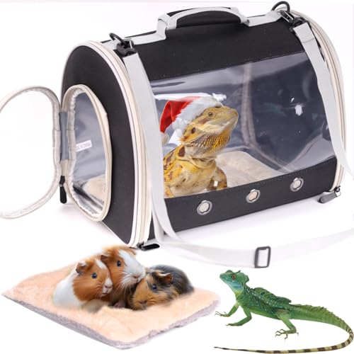 Bearded Dragon Travel Carrier Backpack Lizard Backpack Carrier Space Capsule Clear Bubble Window Astronaut Reptile Carrier Backpack for Guinea Pig Sugar Glider Bunny (Black TPU Carrier+MAT)