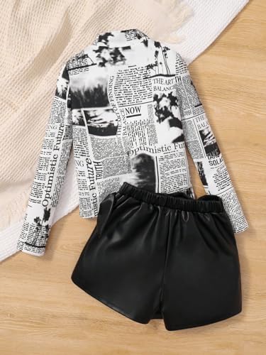 Image of WDIRARA Girl's 2 Piece Outfits Newspaper Print Mock Neck Tee and Knot Side Wrap Pu Leather Skort Set