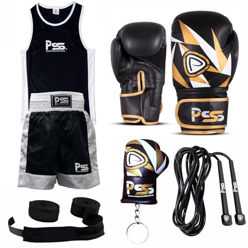 Uniforme de boxe enfants 2 pièces noir-blanc 7-8 ans avec gants 6 oz de Prime Sports