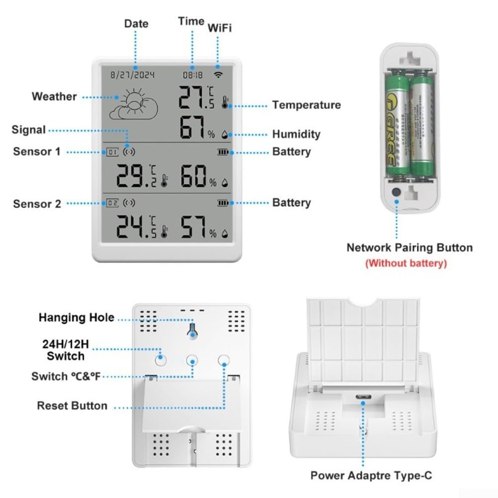 Thermomètre et hygromètre WiFi avec 2 capteurs, moniteur d'humidité intelligent pour application Alexa, télécommande, jauge de température de haute précision pour la maison, le bureau, la serre, la