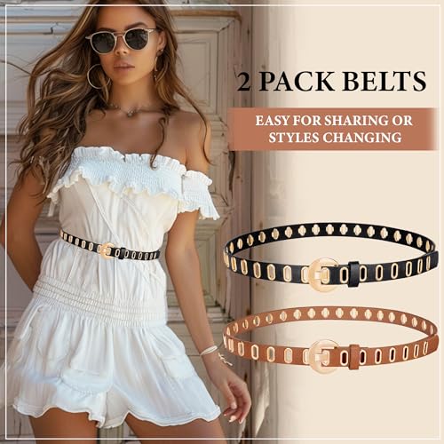Skinny Grommet Belt Set, Black Belt with Gold Buckle for Women Dresses Jeans 6