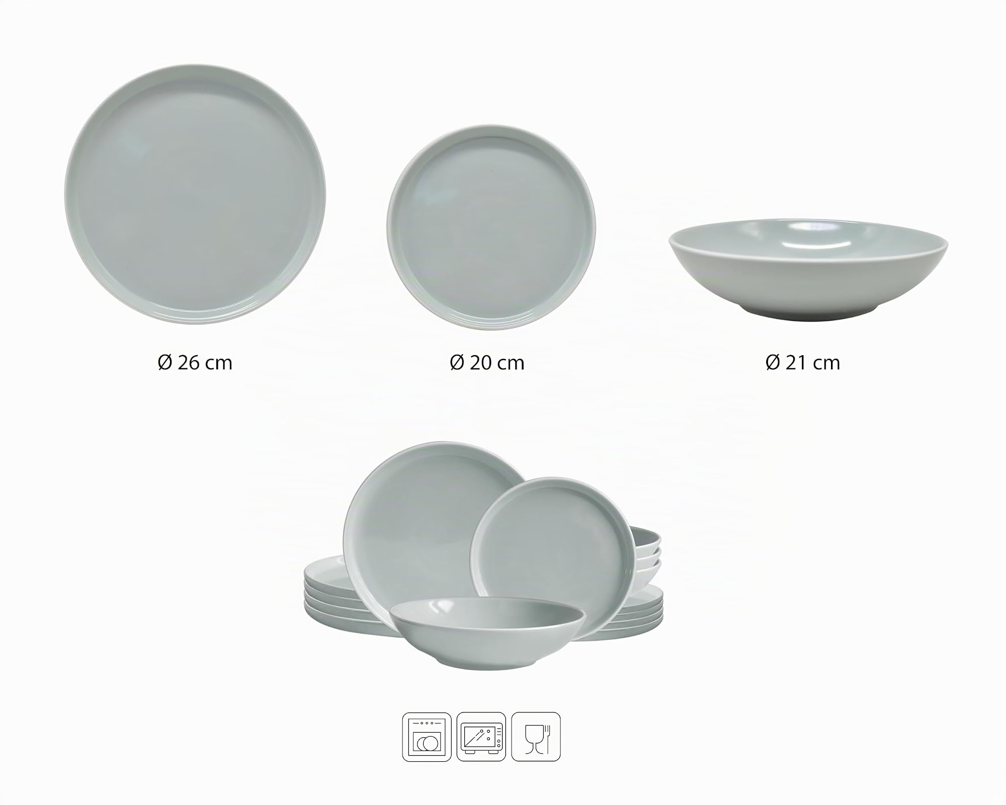 ECHTWERK Nerea Service de table vintage 18 pièces pour 6 personnes en faïence couleur pastel avec 6 assiettes plates, 6 assiettes à dessert, 6 assiettes creuses, gris