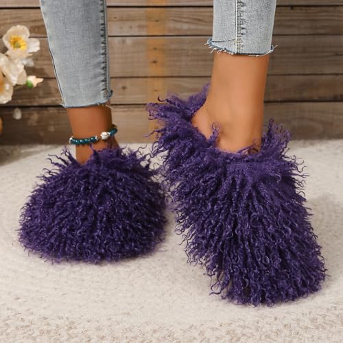 Image of Unisex Fuzzy Faux Fur Slippers, Women's Fluffy Long Hair Sheep Faux Fur Slip on Slides, Girls Luxury Big Fluffy Outdoor Flat Slippers, Long Curly Hair Non-Slip Warm Home Slide Shoes