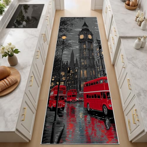 Générique Architecture des Rues de Londres Tapis Salon Lavable en Machine 80x180 cm Tapis antidérapant, Bus Rouge Descente de Lit pour Le Salon, l'entrée,...