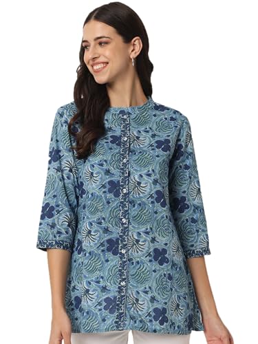 Image of FABRIC FITOOR Women's Jaipuri Pure Cotton Floral Print Mandarin Collar 3 /4th Sleeve Blue Color Shirt Top