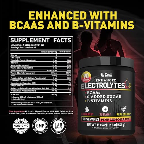 Image of Zeal Electrolyte Powder - 90 Servings | Keto Electrolytes Powder | Zero Sugar, BCAAs, B-Vitamins | Potassium, Zinc, Magnesium | Hydration Powder Recovery Drink | Pink Lemonade
