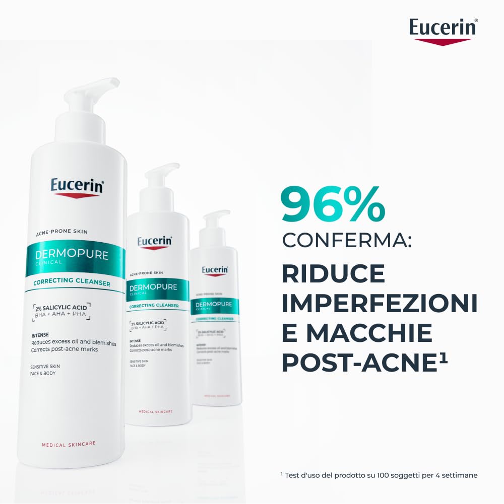Eucerin DermoPure Clinical Detergente Viso Tripla Azione 400 ml, Detergente schiumogeno viso anti macchie, imperfezioni e lucidità con 2% Acido Salicilico per pelle grassa e a tendenza acneica