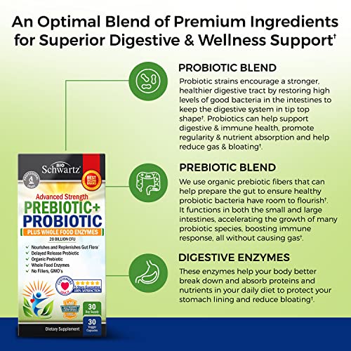 Prebiotics And Probiotic With Whole Food Enzymes For Adults Women & Men - Probiotics Lactobacillus Acidophilus - Digestive Health Capsules Shelf Stable Supplement - Non-Gmo Gluten & Dairy Free - 30Ct #TOP3