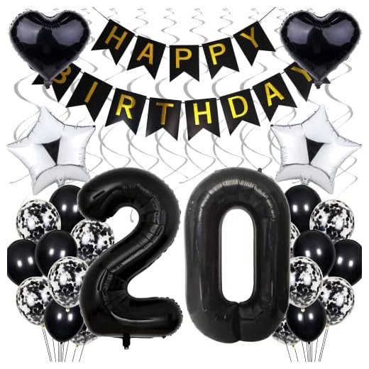 Decoraciones Globo 20 Cumpleaños, Cumpleaños Negro 20 Años Hombre, Decoraciones Fiesta Blanco y Negro, 20 Cumpleaños Mujer Hombre, Plata Decoraciones Cumpleaños 20 Años Mujer, 20. decoraciones de cump
