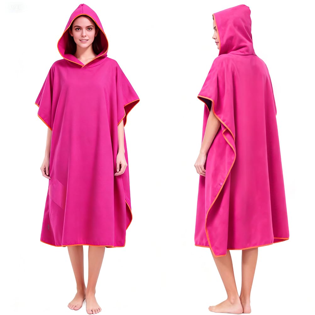 AUYAO Hooded Poncho Towel Adult Towel Wrap Robe Microfibre Changing Robe Towel with Pocket Oversized Towel Poncho Beach Universal Size Cover-Up Bath Towel with Hood for Swimming Surfing(Rose Red)