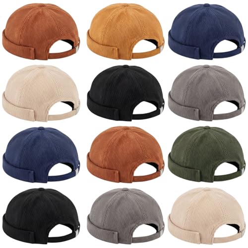 Image of Vabean 12 Pieces Brimless Hat Docker Cap Adjustable Skull Caps for Men Women Rolled Cuff Brimless Beanie Hat, Assorted Color