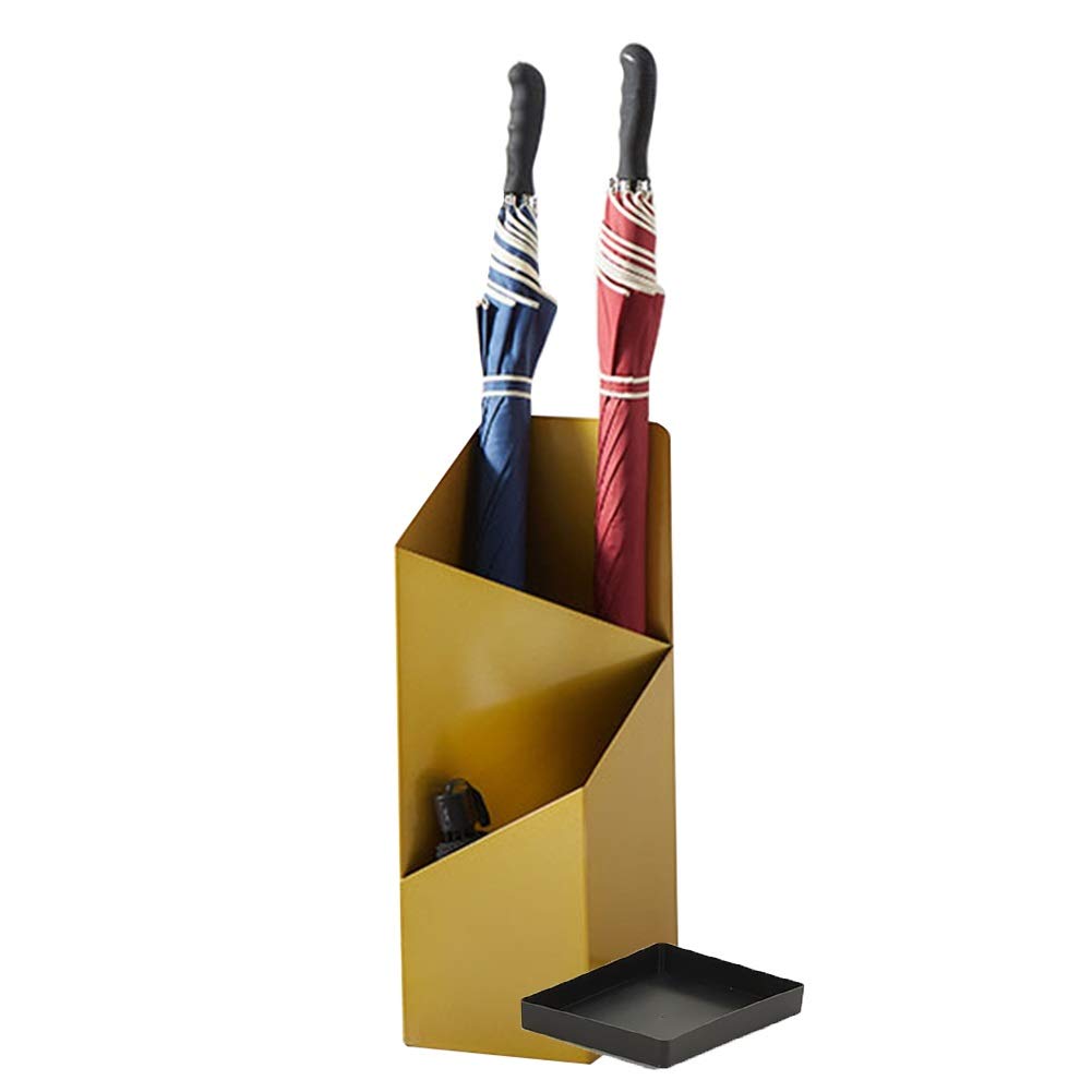 BHFPFZA Wrought Iron Umbrella Stand with Drip Tray Rust Proof Double Holder for 10 Umbrellas Waterproof Household and Commercial Storage Rack Golden Finish 20x25x60cm