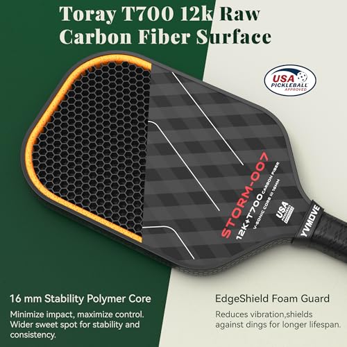 Image of USAPA Approved 6-Layer Construction T700 Carbon Fiber Pickleball Paddle, 16mm Thermoformed Pickleball Racket with High Spin & Extended Grip, Professional Pickleball Paddle for Control and Power