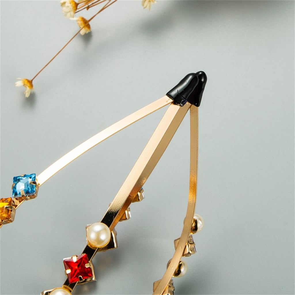 FMURY - Fascia per capelli multistrato in metallo, da donna, con perle e strass, super flash
