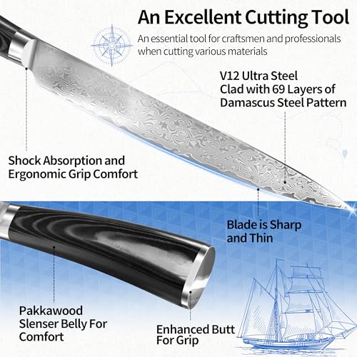 Image of XYJ 8 Inch Japanese Damascus Steel Chef Knife, Razor Sharp VG10 Core Damascus Knife Original, Full Tang Slicing Knife with Sheath, Durable Meat Cutting Knife for Kitchen Use