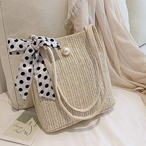 Fenical - Borsa a tracolla in paglia fatta a mano in tessuto intrecciato, Beige con perla., Taglia unica