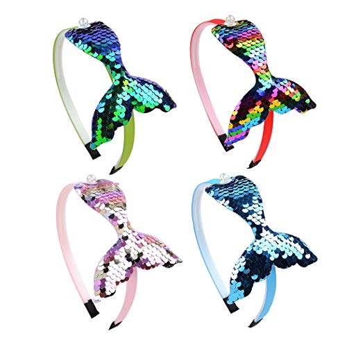 Chennie 4pcs Girls Headband Sequin Glitter Bows Hairband Mermaid Shiny Bow Knot Teeth Plastic Hair Bands Glitter Bow Hair Hoop Children Kids Lovely Hair Accessories
