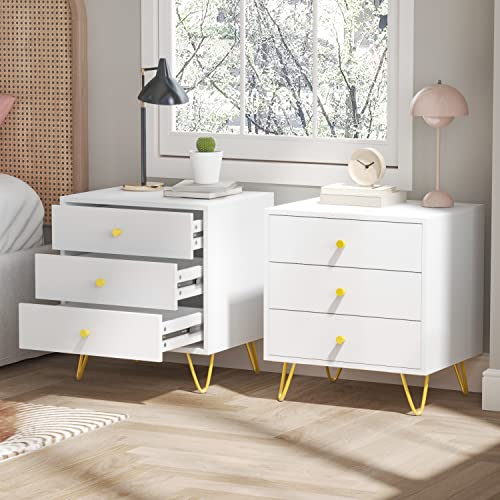 AIEGLE White Nightstand Set of 2, Modern Bedside Table End Table with 3 Drawers & Gold Metal Legs, for Bedroom/Living Room Storage (19.6" L x 15.7" W x 21.6" H) AIEGLE White Nightstand Set of 2, Modern Bedside Table End Table with 3 Drawers & Gold Metal Legs, for Bedroom/Living Room Storage (19.6" L x 15.7" W x 21.6" H)