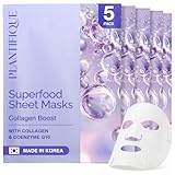 PLANTIFIQUE Mascarilla Facial Coreana - 5 Unidades con Colágeno, Coenzima Q10, Arándanos y Ácido Hialurónico - Hidratante y Reafirmantes - Korean Daily Face Mask
