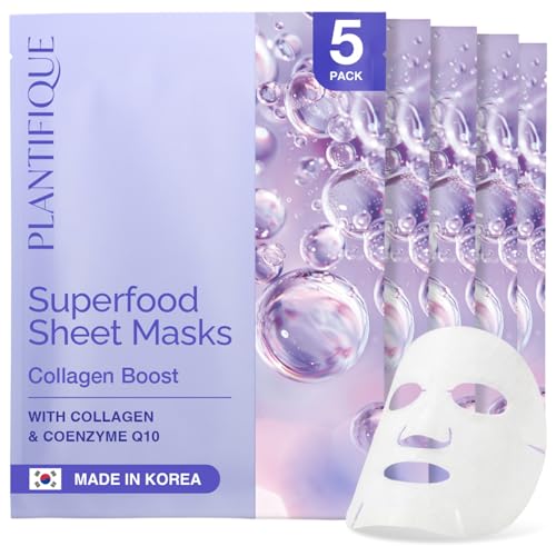 PLANTIFIQUE Maschera Viso in Tessuto Collagen Boost 5 Pezzi – Maschera Anti-Aging e Lifting con Collagene, Coenzima Q10 e Mirtilli – Skincare Coreano per un Aspetto Liscio e Rivitalizzato