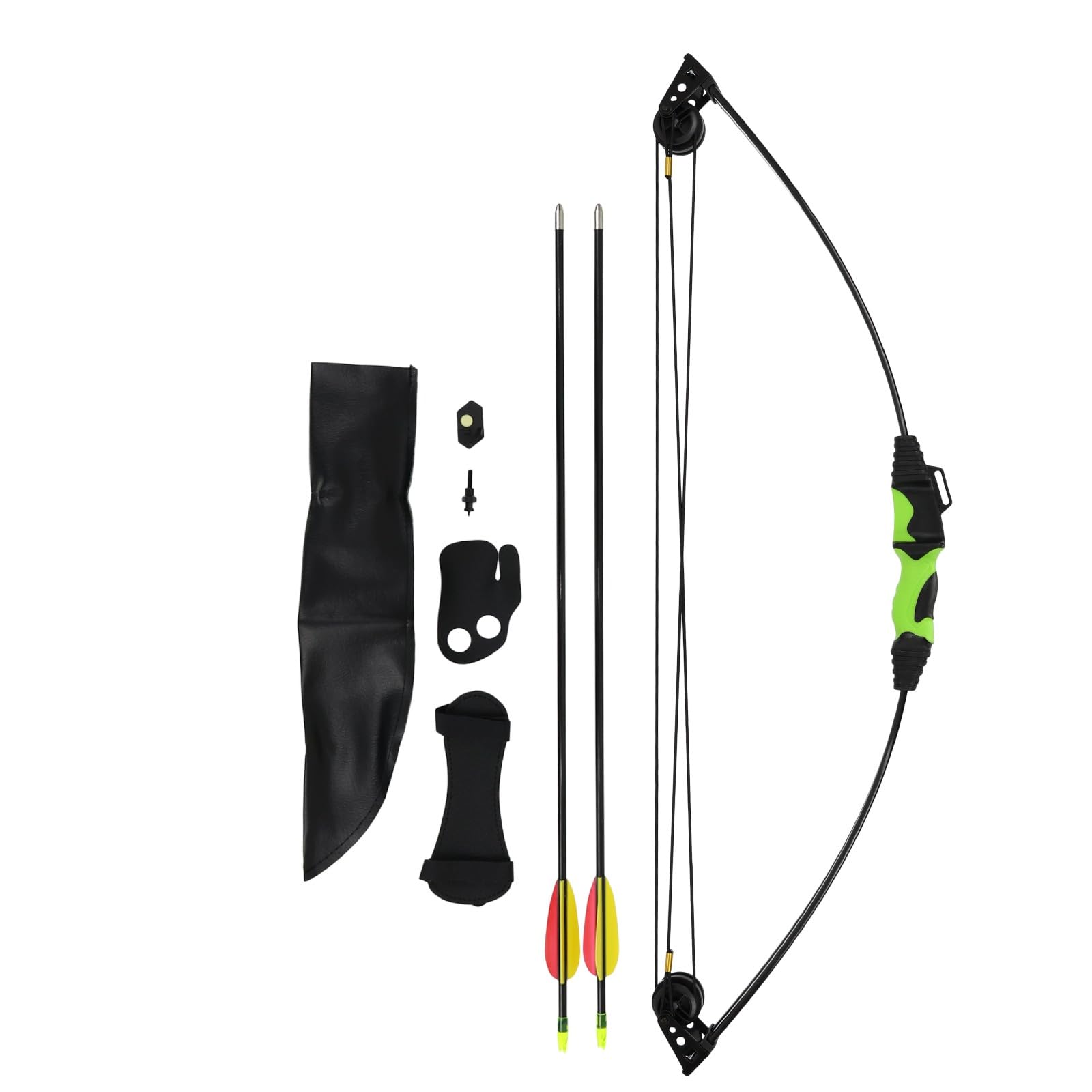Compoundbogenset 12 lbs mit Pfeilen, Pinvisier, Köcher | Armschutz und Fingertab, beidhändiger Bogen mit 24 Zoll Auszug und 34 Zoll Länge für Bogensport Einstieg