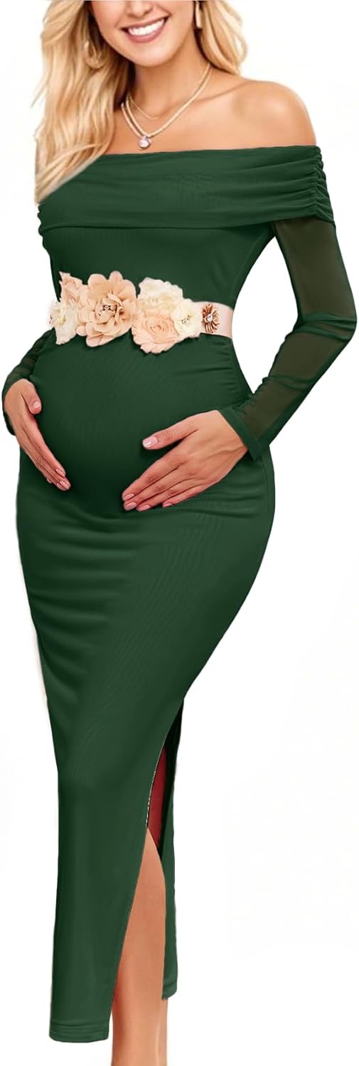 CYCLAMEN Off Shoulder Maternity Mesh Split Dress Ruched Fitted Pregnancy Dresses Baby Shower Photoshoot