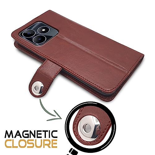 Image of Pikkme Realme Narzo N53 Flip Cover Leather Finish | Inside TPU with Card Pockets | Wallet Stand and Shock Proof | Complete Protection Button Flip Case (Brown)