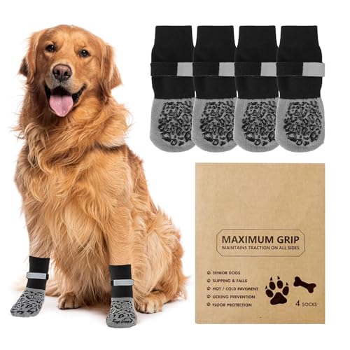Anti Slip Dog Socks Paws Stop Licking 2 Pairs Dog Boots Protector Socks with Adjustable Strap Breathable Cotton Dogs Boot Shoes Protect Injured Paws Ideal for Indoor Outdoor Hardwood Tile Floors