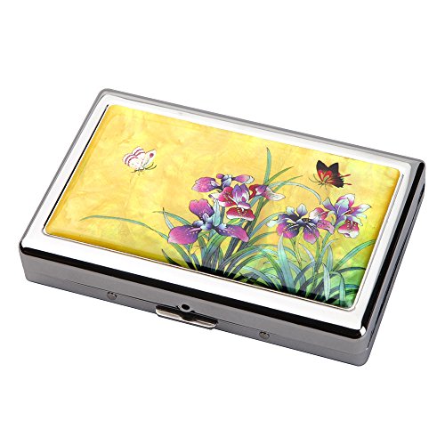 Etui Compact Elegant Design de Nacre FLEUR D'ORCHIDEE sur FOND JAUNE, Intérieur Métallique pour 16 Cigarettes 100s extra longues/King Size super fines ou Porte Billet 5/10 euros Cover