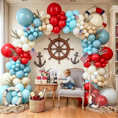 Image of Blue Red White Balloon Arch Kit, Double Stuffed Different Size Dusty Light Blue Red Cream White Beige Latex Balloons for Patriotic Birthday Baby Shower 4th of July Nautical Baseball Party Decor