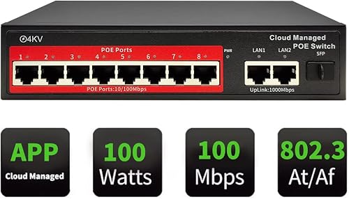 Miniatura 1 de STEAMEMO Conmutador PoE administrado de 10 puertos, 8 puertos PoE+ a 120W, 2 puertos de enlace ascendente Gigabit, 1 puerto SFP de 1.25G, VLAN,