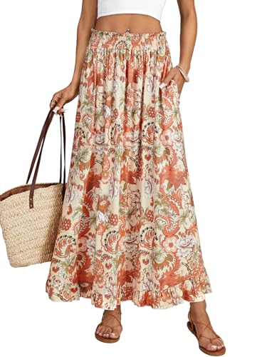 Rooscier Women's Floral Print Elastic High Waist Ruched A Line Long Skirts with Pockets