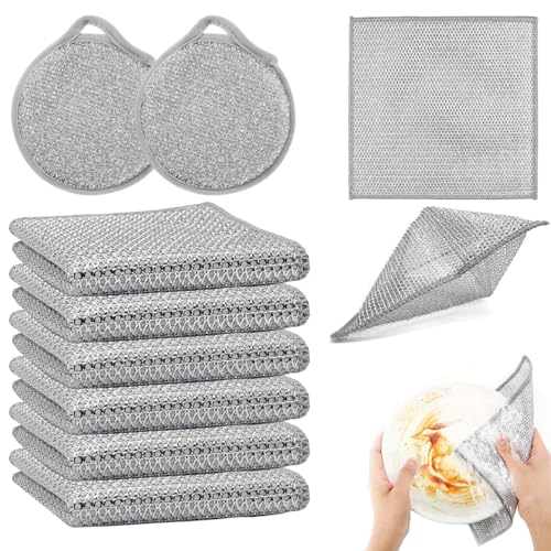 8 Cuadrados Y 2 Redondos, Esponja Lavable Y Reutilizable Para Fregar Platos, Estropajos No Abrasivos De Doble Cara, Esponja Antibacteriana De Microfibra Para Cocina Que Limpia Eficazmente