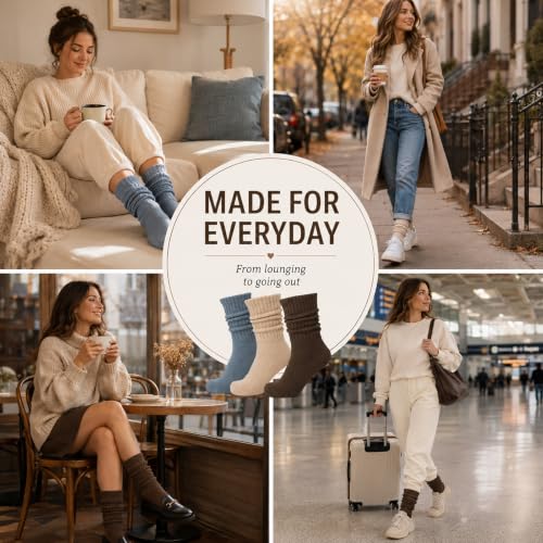 Image of 3 Pairs Slouch Socks for Women & Men, Ribbed Scrunch Crew Socks | 3-pair cotton-rich ribbed slouch socks for women and men, thick scrunch crew socks for boots, sneakers and lounging.